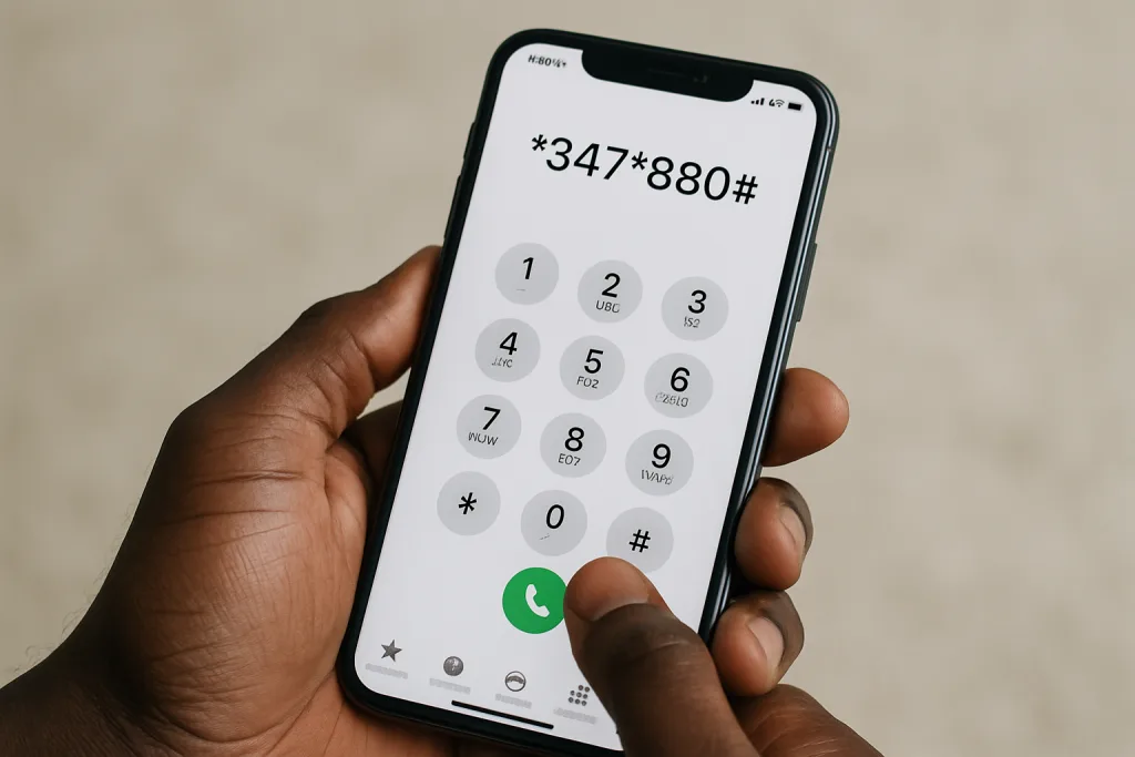 Person dialing Oneplay USSD code on phone to enter a raffle draw